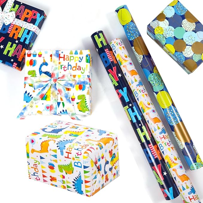 Viadom Birthday Wrapping Paper Roll - Mini Roll - 17 inch X 120 inch Per roll - Colorful Text Happy Birthday, Balloon, Dinosaur Patterns for Birthday, Holiday, Party, Baby Shower (42.3 sq.ft.ttl)