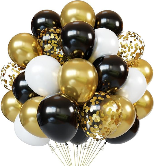 Black White Gold Latex Balloons, 50pcs 12 Inches Black White Gold Confetti Party Balloons with 1 Ribbon for Birthday, Graduation, Anniversary,Wedding, New Year Party Decorations