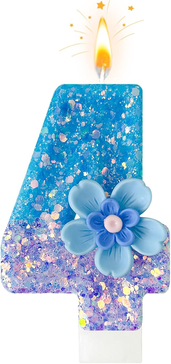Blue Purple Flower Birthday Number Candles, Flower Theme Party Decorations, Cupcake Decorations, Suitable for Party Celebrations, Boys and Girls Birthday Decorations（4）