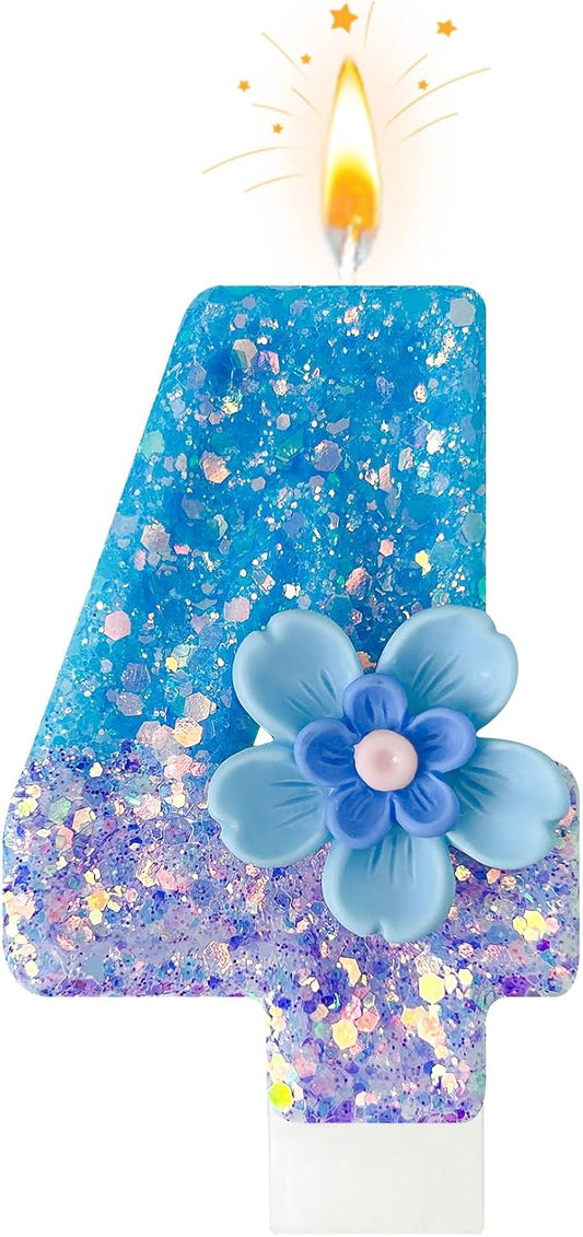 Blue Purple Flower Birthday Number Candles, Flower Theme Party Decorations, Cupcake Decorations, Suitable for Party Celebrations, Boys and Girls Birthday Decorations（4）