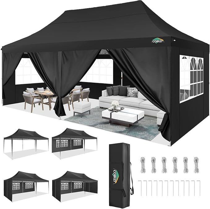 COBIZI 10x20 Pop Up Canopy with 6 Sidewall, Commercial Canopy UPF 50+ Waterproof Outdoor Gazebo with Carry Bag, Tents for Parties with Upgrade Frame, 3 Height Adjustable, Black