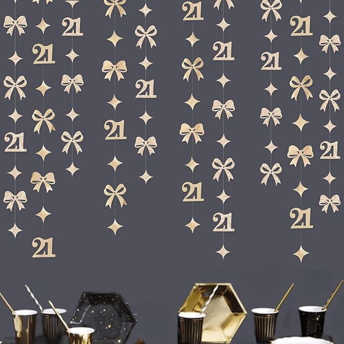Glitter Champagne 21st Bow Birthday Decorations Champagne Conquette Bow Garland Streamer Banner Backdrop for Girls Happy 21st Birthday Finally Legal Cheers to 21 Years Old Anniversary Party Supplies