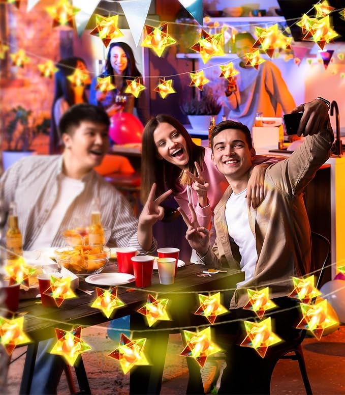 AceList 10ft 20-LED Holographic Star String Lights – Perfect for Home Decor, Intimate Gatherings, Seasonal Celebrations, Christmas Gifts, Halloween, Birthday Decorations(Warm White)