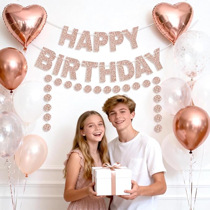 GCQQ Rose Gold Happy Birthday Banner - Glitter Pre-Strung 3M Pre-Strung Letter Garland + 2.5M Rose Gold Dot Garlands Woman Girls Birthday Party Banners Backdrop Decoration Supplies, No DIY