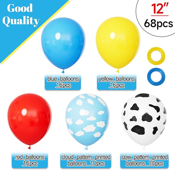 68Pcs Red Yellow Blue Toy Balloons 12 Inch Light Blue Cloud Cow Print Balloons for Baby's Birthday Story and Football Party Themed Decorations.