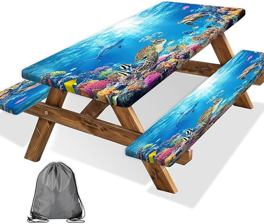 Ocean Animals Picnic Table Cover with Bench Covers, Camping Essentials, Underwater Sea Turtles Waterproof Windproof, Fitted Tablecloth Cover with Elastic Edge, for Garden & Outdoor, 3 PCS, 30x72 Inch