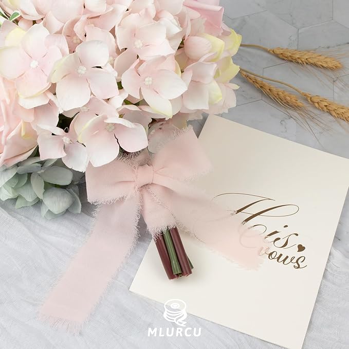 Blush Pink Chiffon Ribbon - 1-1/2 Inch x 21 Yards, Handmade Fringe, Boho Frayed, Pale Pink for Gift Wrapping, Wedding Invitation, Bridal Flower Bouquets
