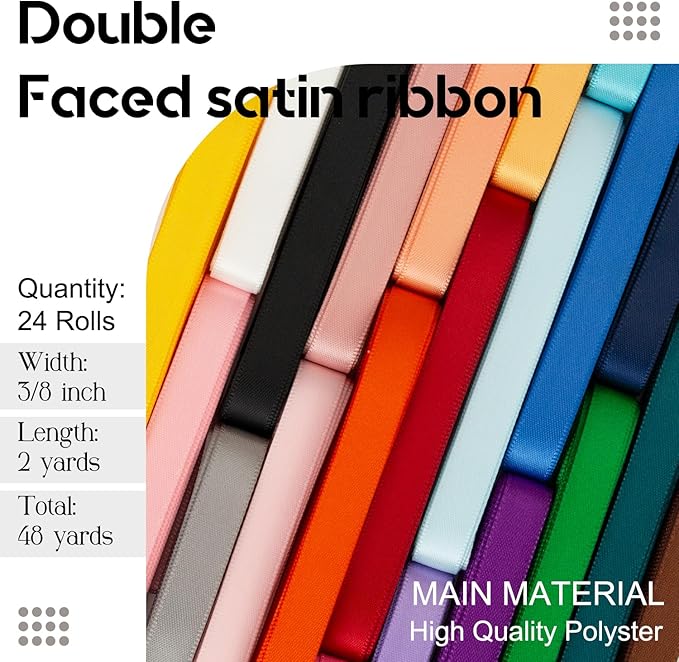 Satin Ribbon 3/8 Inch Thin Ribbon 48 Yards Assorted Colorful Bulk Ribbon Pack, Double Faced Satin Ribbon Set, Thick Silk Fabric Ribbons for Crafts, Christmas Gift Wrapping, Hair Bows Making, Sewing