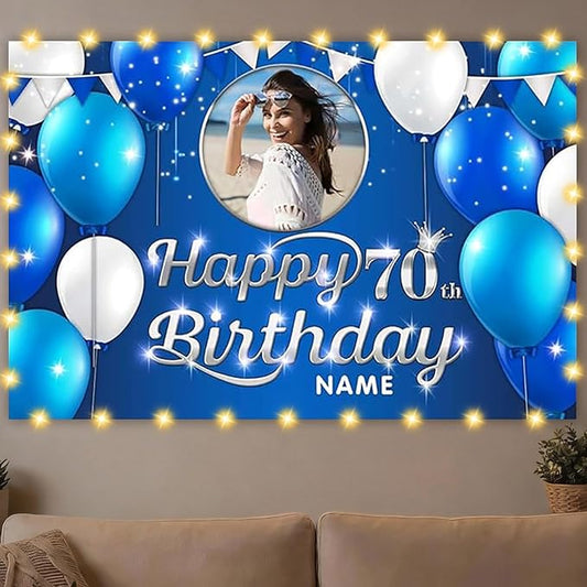 Dicodes Custom Navy Blue Happy Birthday Decoration Banner - Personalized with Photos and Names