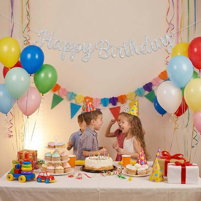 Glitter Happy Birthday Banner Sign, Reusable Birthday Party Garland Decorations, DIY Cake Day Celebration Banners Party Supplies for Women, Men, Boys, Girls (Silver)