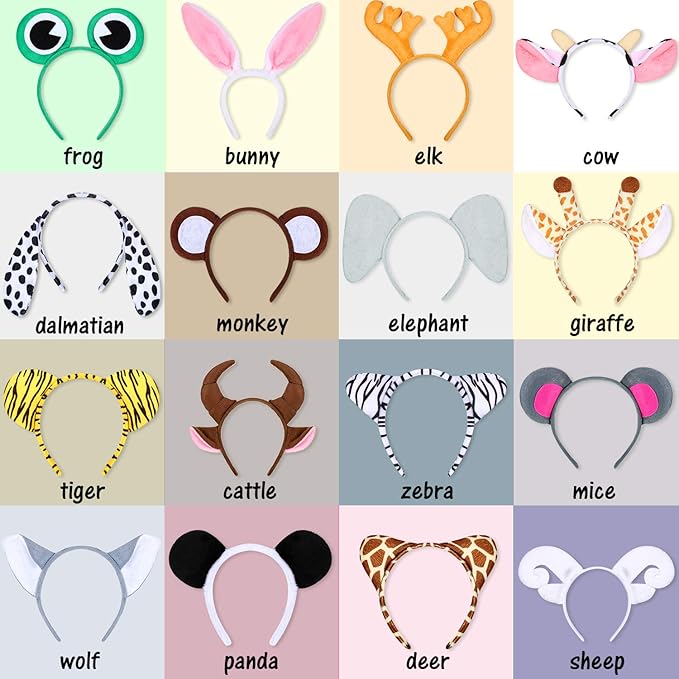 WILLBOND 16 Pieces Animal Headbands Jungle Safari Party Favors Wild One Birthday Decorations Zoo Animal Ear Headbands for Kids Halloween Costume Cosplay Photo Booth Props Party Supplies