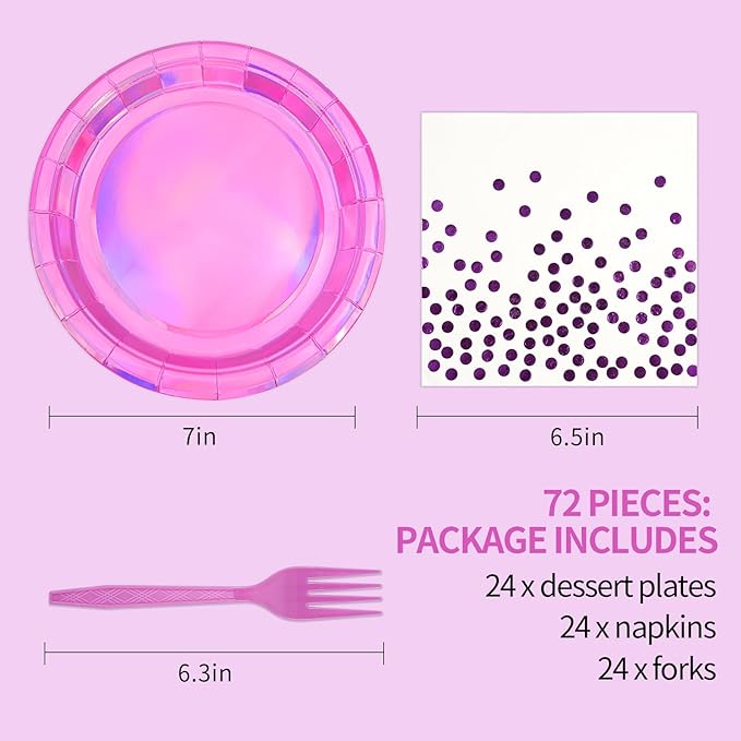 72Pcs Iridescent Pink Plates and Napkins Party Supplies, Hot Pink Holographic Disposable Paper Plates Napkins with Forks Tableware Set for Birthday Graduation Kpop Party Decorations