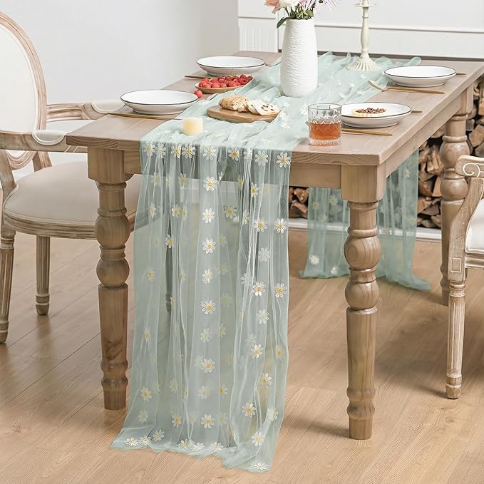 Horaldaily Green Embroidery Daisy Spring Summer Gauze Tablecloth 60×120 Inch Rectangular, Seasonal Tulle Table Cover, Garden Party Decorations for Wedding, Party, Holiday Dining