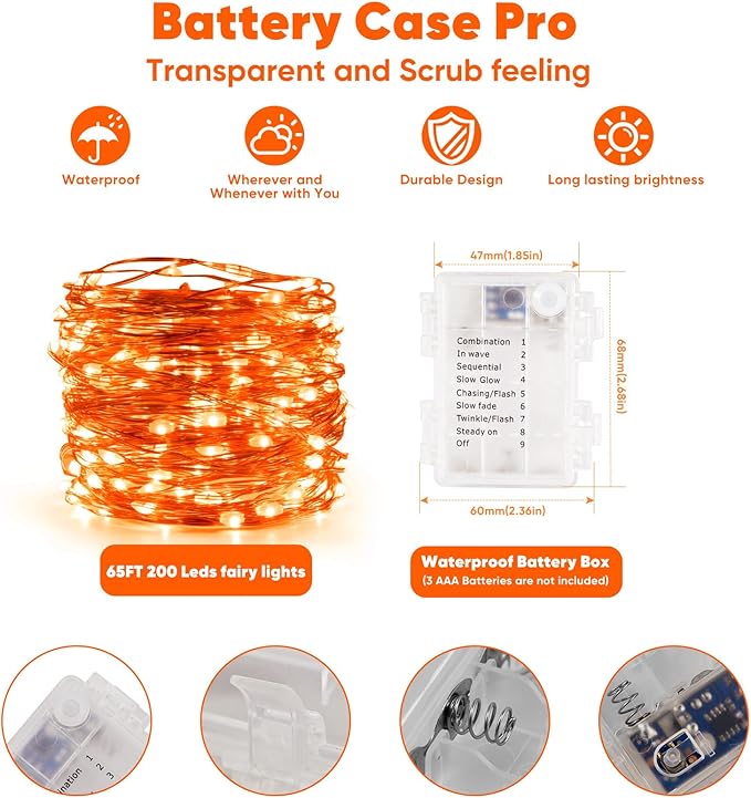 Ariceleo 4 Pack 65.6 Ft. Battery Operated Outdoor String Lights with Remote & Timer, LED Orange Fairy Lights, Waterproof Twinkle Lights for Bedroom, Dorm, Mason Jar, Wedding, Party, Christmas