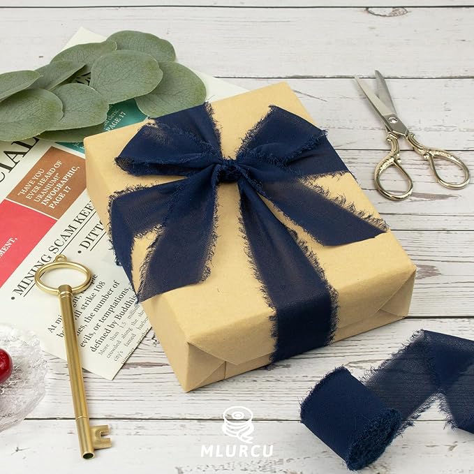 Navy Blue Chiffon Ribbon 1-1/2 Inch x 21 Yards Handmade Fringe Chiffon Silk Ribbon Frayed for Wrapping, Wedding Invitation, Bridal Flower Bouquets, Crafts