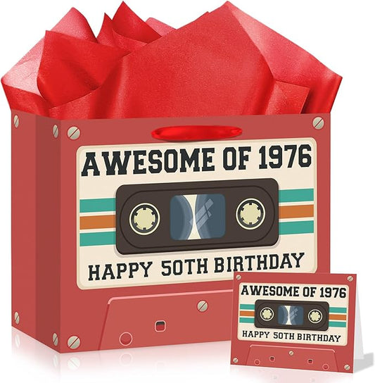 50th Birthday Gift Bag for Men and Women, Retro 1976 Birthday Party Favor Bags with Wrapping Paper Card Vintage Cassette Tape 50 Years Old Gift Bag Decorations for Mom, Dad, Friends, Colleagues Gifts