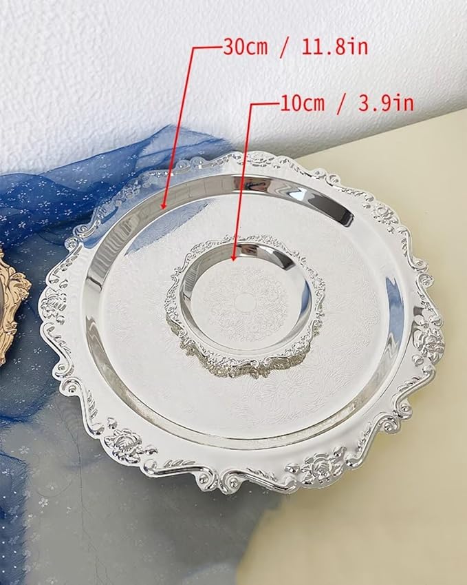 2PCS Coffee Table Tray 11.8in Round Decorative Tray Vintage Metal Dessert Plates for Snacks Fruit Silver