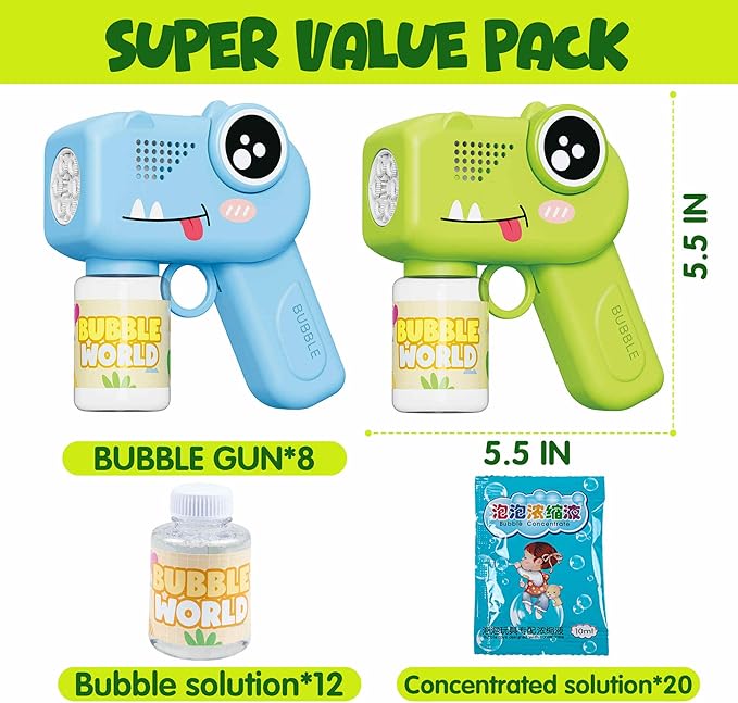 8-Pack Bubble Gun,Automatic Dinosaur Bubble Machine Blower for Kids Summer Indoor Outdoor Toys Birthday Wedding Party Gift