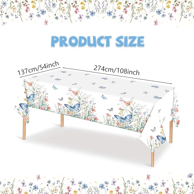 2Pcs Spring Floral Tablecloth 54 x 108 Inch Disposable Plastic Table Cover, Wildflower Butterfly Garden Party Decorations Waterproof Tablecloth for Birthday Baby Shower Bridal Shower Picnic Supplies