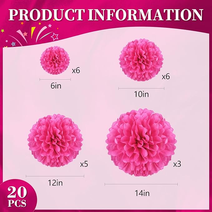 20 PCS Rose Red Tissue Paper Pom Poms Flowers, Sizes of 6", 10", 12", 14" Hanging Paper Flower Ball for Wedding, Birthday, Halloween, Christmas, Baby Shower Party Decor