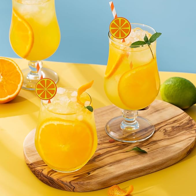Disposable Lemon Straws, Cute Oange Striped Patterned Drinking Straws Paper Straw for Cocktail, Milkshake, Coffee, Lemonade Stand Supplies Lemon Themed Party Supplies - Set of 30