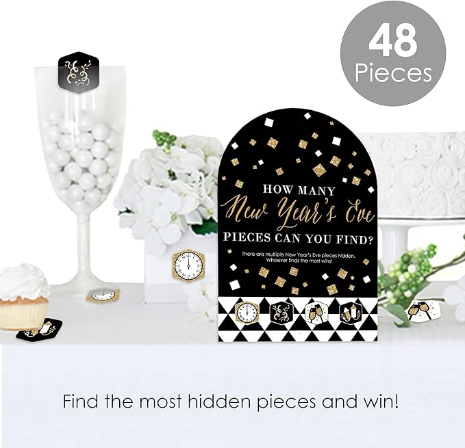 Big Dot of Happiness New Year’s Eve - Gold - New Years Eve Party Scavenger Hunt - 1 Stand and 48 Game Pieces - Hide and Find Game