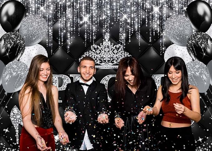 Mocsicka Prom Send Off 2026 Backdrop Crown Graduation Prom Night Party Decorations Banner Silver Balck Dancing Send Off Photography Background Photo Booth Supplies (Silver, 8x6ft(96''x72''))
