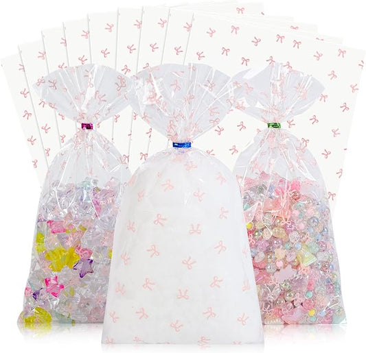 Docvania Cello Cellophane Treat Bags Pink Bow Candy Bags 100 pcs 6 X 11 Goodie Gift Bag with Twist Ties for Baby Shower,Valentine's Day Birthday Parties and Weddings