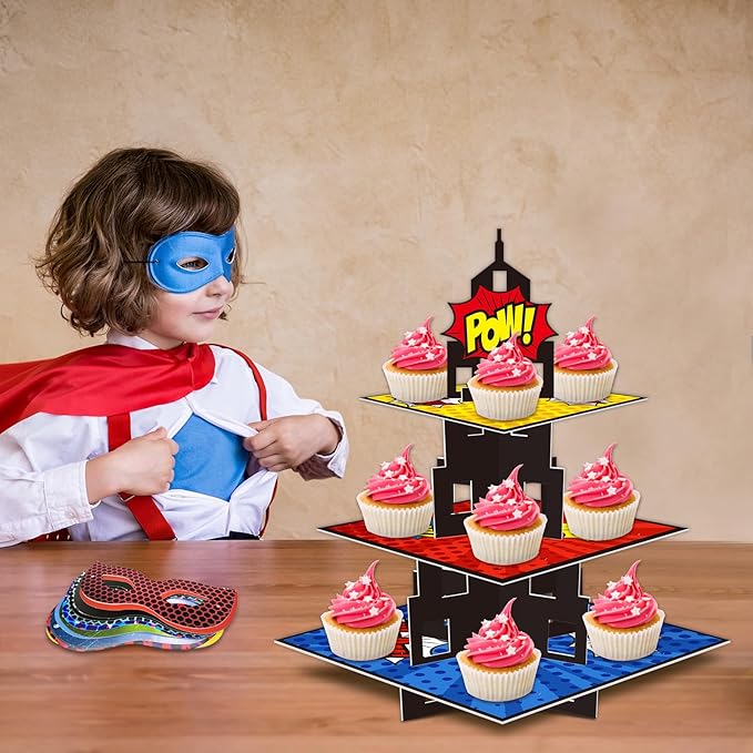 KALEFO Superhero Party Supplies Cake Stand 3 Tier Cupcake Stand Super Hero Parties Favors Mini Cup Cake Holder for Birthday Decorations (Superhero)