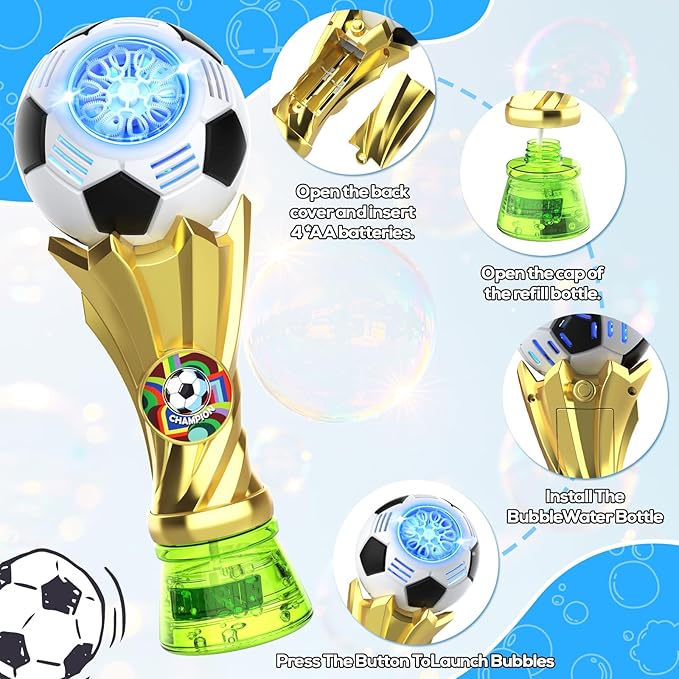 FUNZBO Bubble Machine for Kids - Soccer Trophy Bubble Wand with 2 Solution Refill, Automatic Bubble Blower, Bubbles Maker Blaster Toddler Outdoor Toys, 2026 Merchandise Birthday Gift for Boys Girls 3+