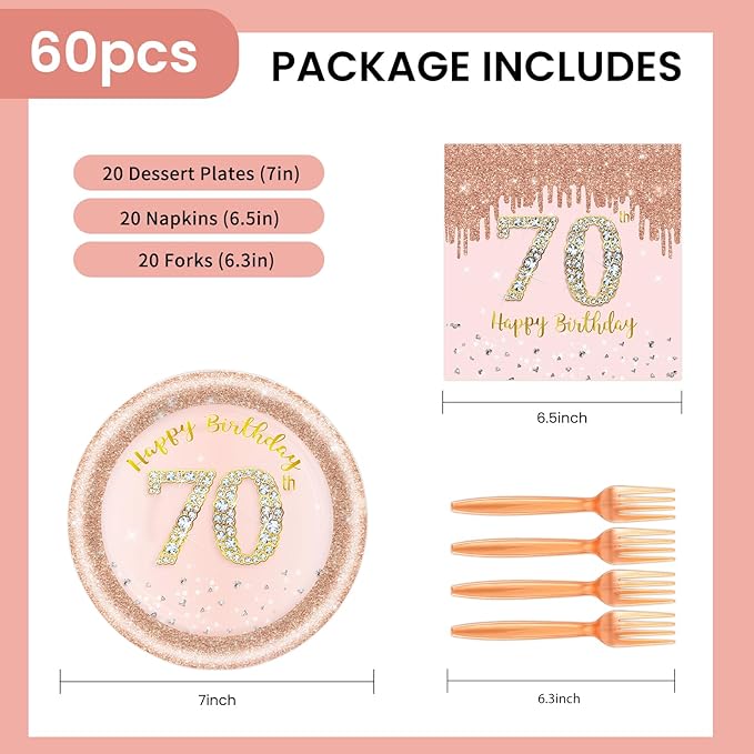 60 PCS 70th Birthday Decorations for Women, 70th Birthday Plates and Napkins Rose Gold Disposable Tableware Set Party Supplies for Women Cheers to 70 Years Anniversary (70TH)