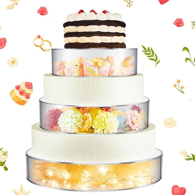 Sintuff 3 Pcs Acrylic Cake Stand with LED Lights 6.7‘’, 8.6‘’, 10.6‘’ Clear Fillable Cake Riser Round 3 Tier Case Box for Wedding Birthday Holiday Food Display, 3 Sizes