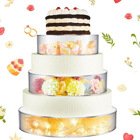 Sintuff 3 Pcs Acrylic Cake Stand with LED Lights 6.7‘’, 8.6‘’, 10.6‘’ Clear Fillable Cake Riser Round 3 Tier Case Box for Wedding Birthday Holiday Food Display, 3 Sizes