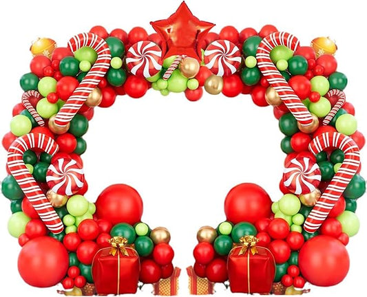 Leesoot Christmas Balloons Arch Decorations 144pcs Red Green Gold Balloons for Party Gift Star Candy Cane Balloons Indoor Outdoor Decor Christmas Balloon Garland Arch Kit