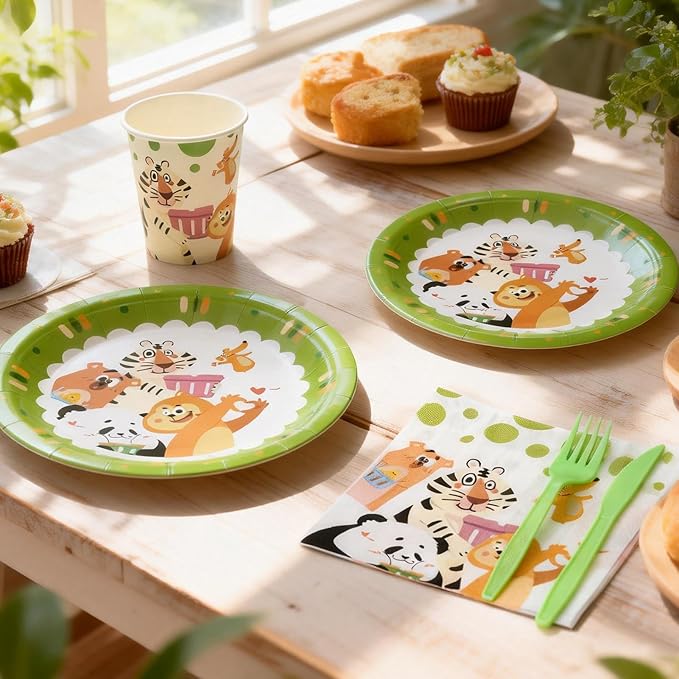 144Pcs Panda Animals Birthday Party Supplies Decorations Animal Themed Paper Plates Napkins Vintage Party Tableware Disposable Dinnerware for Girl Boy Kid Birthday Baby Shower Table Decor, Serve 24