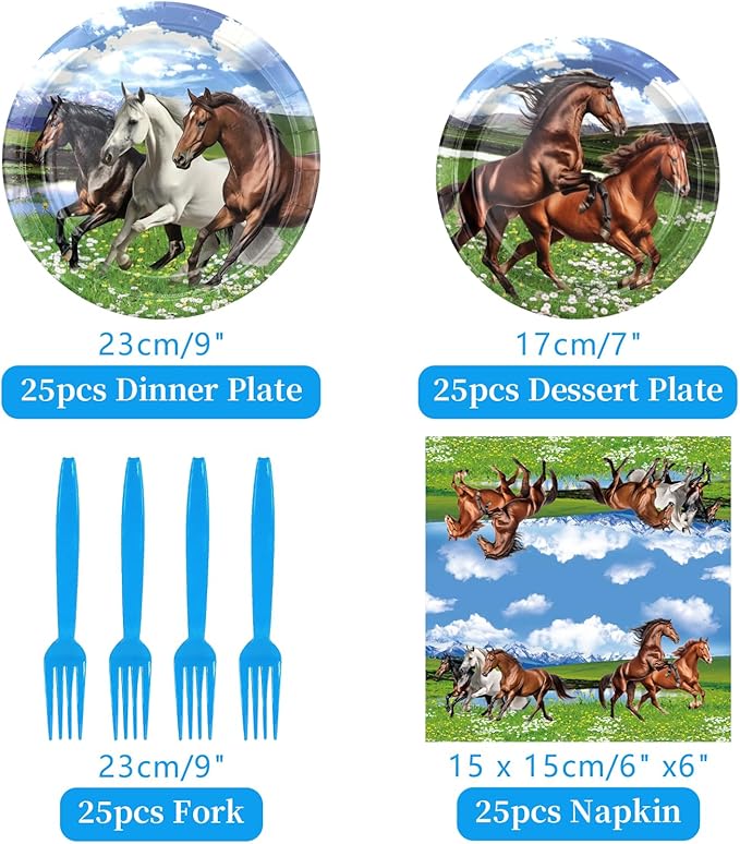 Horse Party Supplies - Horse Party Tableware - Dinner Plates, Dessert Plates, Napkins, Forks for Horse Racing Cowboy Western Boy Birthday Party Supplies Decorations, Serves 25