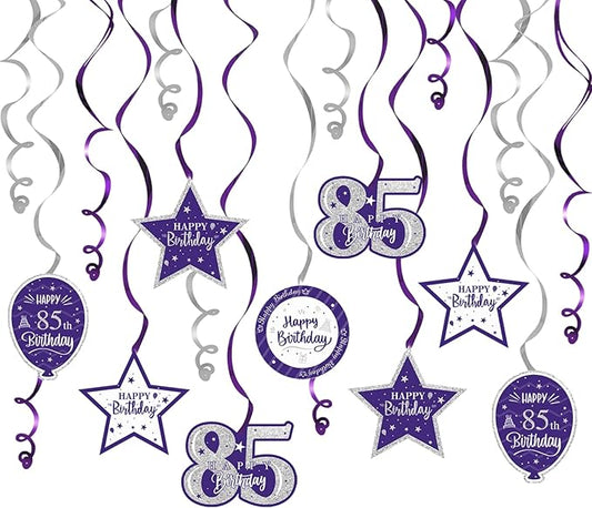 Happy 85th Birthday Purple & Silver Glitter Swirls Streamers Party Decorations - 15 Pcs 85th Birthday Hanging Swirls Streamers Kit,Perfect for 85th Bday Party Sign.