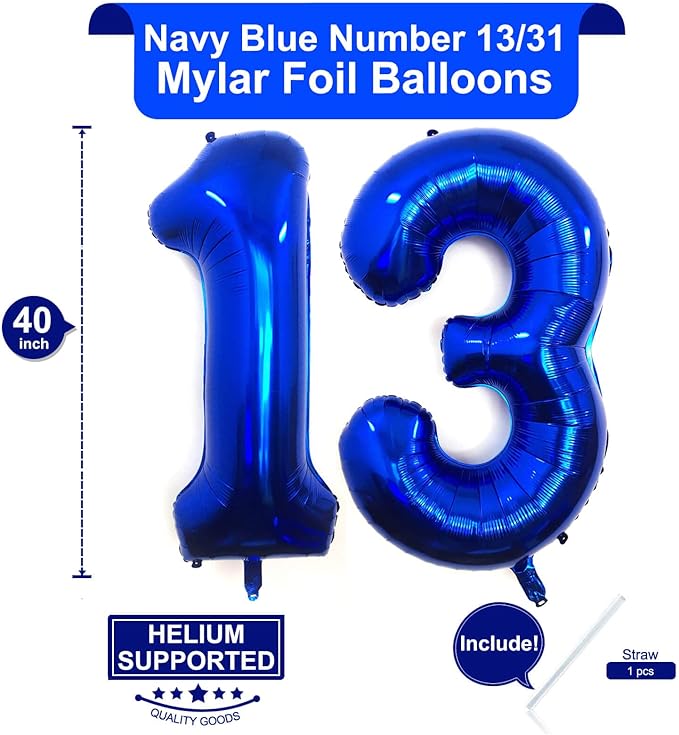40 Inch Navy Blue 13 Number Balloons Giant 13 or 31 Balloons Navy Blue Birthday 13 Balloons 13th Birthday Anniversary Events Party Decorations Supplies
