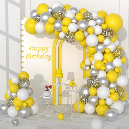 Yellow and White Balloon Garland Kit, 122PCS White Yellow Balloons Metallic Silver Confetti Balloons for Lemon Grils Daisy Honeybee Popcorn Sunflower Spring Theme Birthday Wedding Decoration…
