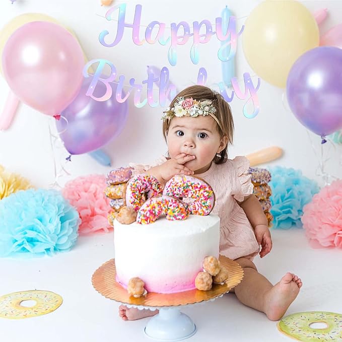 Glitter Happy Birthday Banner Sign, Rainbow Gradient Party Supplies Photo Prop Decorations for Women, Girls, Reusable Birthday Backdrop Banners, Glittering Decor for Unicorn Themed Party (Iridescent)