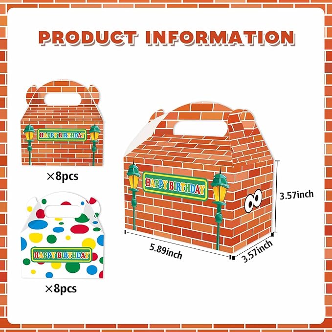 Zliisang 16PCS Cartoon Red Brick Wall Candy Boxes Colorful Goodie Gift Bags for Kids Birthday Party Favors Bags Treat Candy Decorations for Kids Baby Shower Birthday Favors