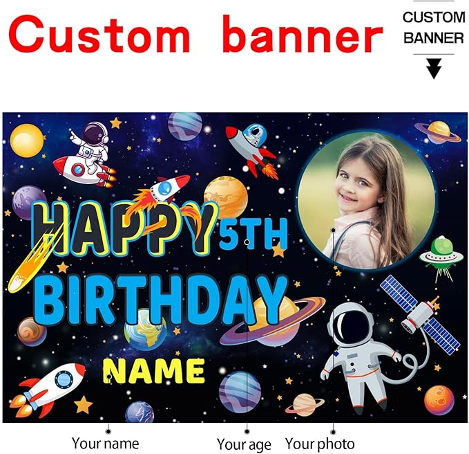 Custom Space Galaxy Astronaut Happy Birthday Party Decorations Supplies Personalized Outer Space Galaxy Astronaut Planet Birthday Backdrop Banner(5x7.5ft)