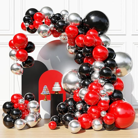 Red and Black Balloons Arch Kit, Red Black and Silver Balloons for Anniversary Birthday Racing Car Poker Party Decoration