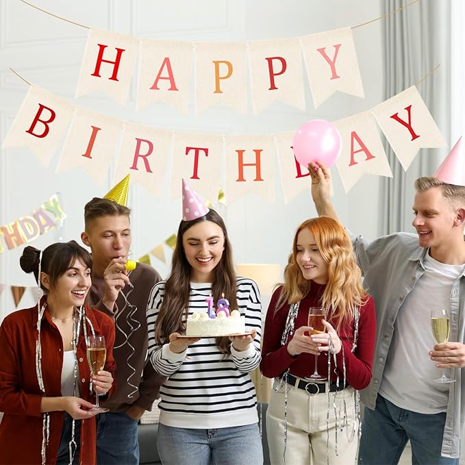 Doumeny Happy Birthday Burlap Banner Boho Birthday Garland Banner Red Bohemian Theme Hanging Bunting White Happy Birthday Bunting Garland Colorful Birthdays Sign Flag for Women Men Kid Party Backdrop