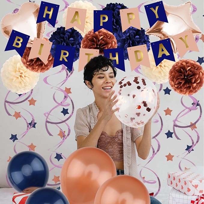ZERODECO Navy Blue & Rose Gold Birthday Party Decorations - Happy Birthday Banner, Paper Pompoms, Balloons for Boys, Girls, Men & Women