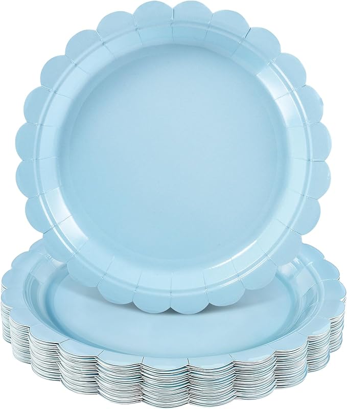 NatNarr 30 Pcs Light Blue Plates, 9 Inch Scalloped Graduation Plates Blue Dessert Party Plate Cute Paper Plate for kindergarten Graduation, Boy Baby Shower, Birthday
