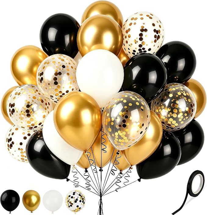 Black and Gold Balloons White Black Gold Confetti Balloon, 60 Pcs 12 Inch Latex Confetti Metallic Balloons with 1 Ribbon, for Birthday Wedding Bridal Shower Party Decorations