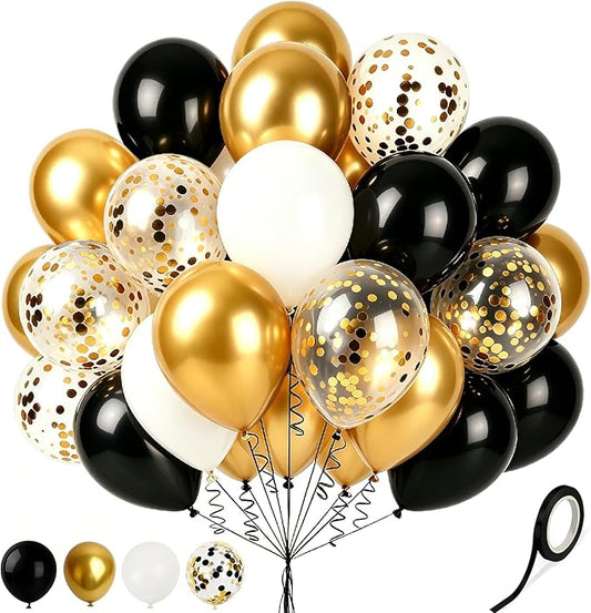Black and Gold Balloons White Black Gold Confetti Balloon, 60 Pcs 12 Inch Latex Confetti Metallic Balloons with 1 Ribbon, for Birthday Wedding Bridal Shower Party Decorations