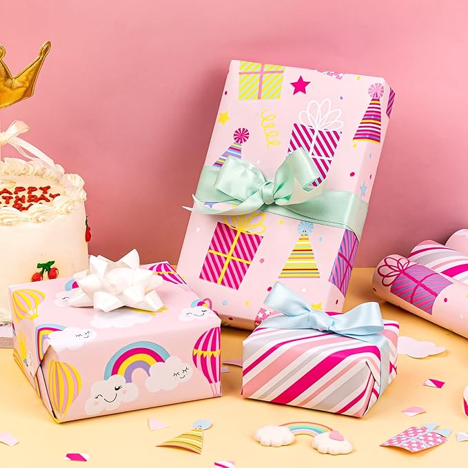WRAPAHOLIC Birthday Wrapping Paper Roll - Mini Roll - 3 Rolls - 17 Inch X 120 Inch Per Roll - Pink Rainbow, Birthday Gift Boxes, Stripes for Kid's Birthday, Baby Shower