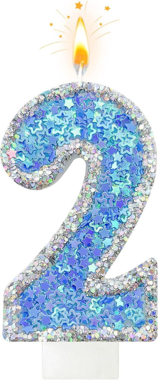 Blue Star Number 2 Candle for Cake Decoration, Glitter Star Cake Topper, Shaker Style Number Candle for Anniversary Celebration Party Supplies